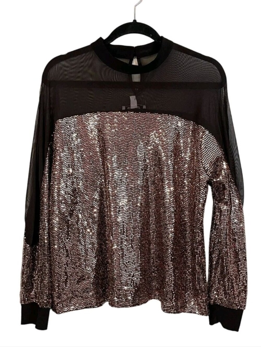NWT Nine West Women's Black Gold Sequins Knit Sheer Mesh Long Sleeve Top Medium